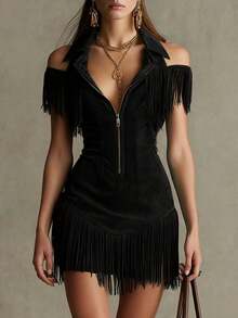 2026 Retro Suede Fringed Off-The-Shoulder Dress Western Style Hottie Waist Skirt - 黑色 - 查看 2