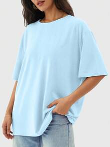 Speed mate Women's Casual Loose Round Neck Short Sleeve T-Shirt, Basic Sportswear Top, Spring/Summer - Baby Blue - View 4