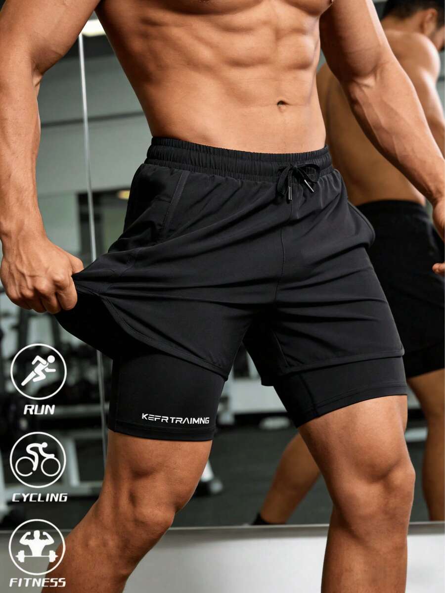 Men's Outdoor Quick-Dry Breathable Sports Shorts, Printed Design, With Zipper Pockets And Drawstring Waist, Suitable For Casual, Outdoor, Exercise, Vacation, Fishing - Black - View 1