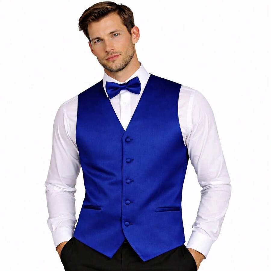 Sizes XS To 6XL Men's 3-Piece Tuxedo Vest Set – Satin Waistcoat With Bow Tie And Pocket Square For Wedding, Prom, Formal Events - 寶藍色 - 查看 1