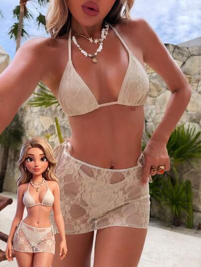 Ensemble bikini 3 pièces en dentelle transparente élégant et sexy pour femmes, comprenant un débardeur en mousseline de soie abricot, une jupe transparente et un tissu confortable à haute élasticité. Convient pour l'été, les vacances à la plage, les festivals, les activités à la plage et à la piscine, ainsi que les journées de plage à la mode.