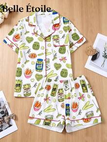 Belle Étoile Cute Pickle Vegetable Print Double Pajama Set Style: Short Sleeve Button-Up Shirt, Elastic Waist Shorts - 青色 - 查看 1