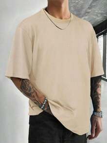 Manfinity LEGND Loose Fit Men's Solid Color Round Neck Short Sleeve Casual T-Shirt - 卡其色 - 查看 6