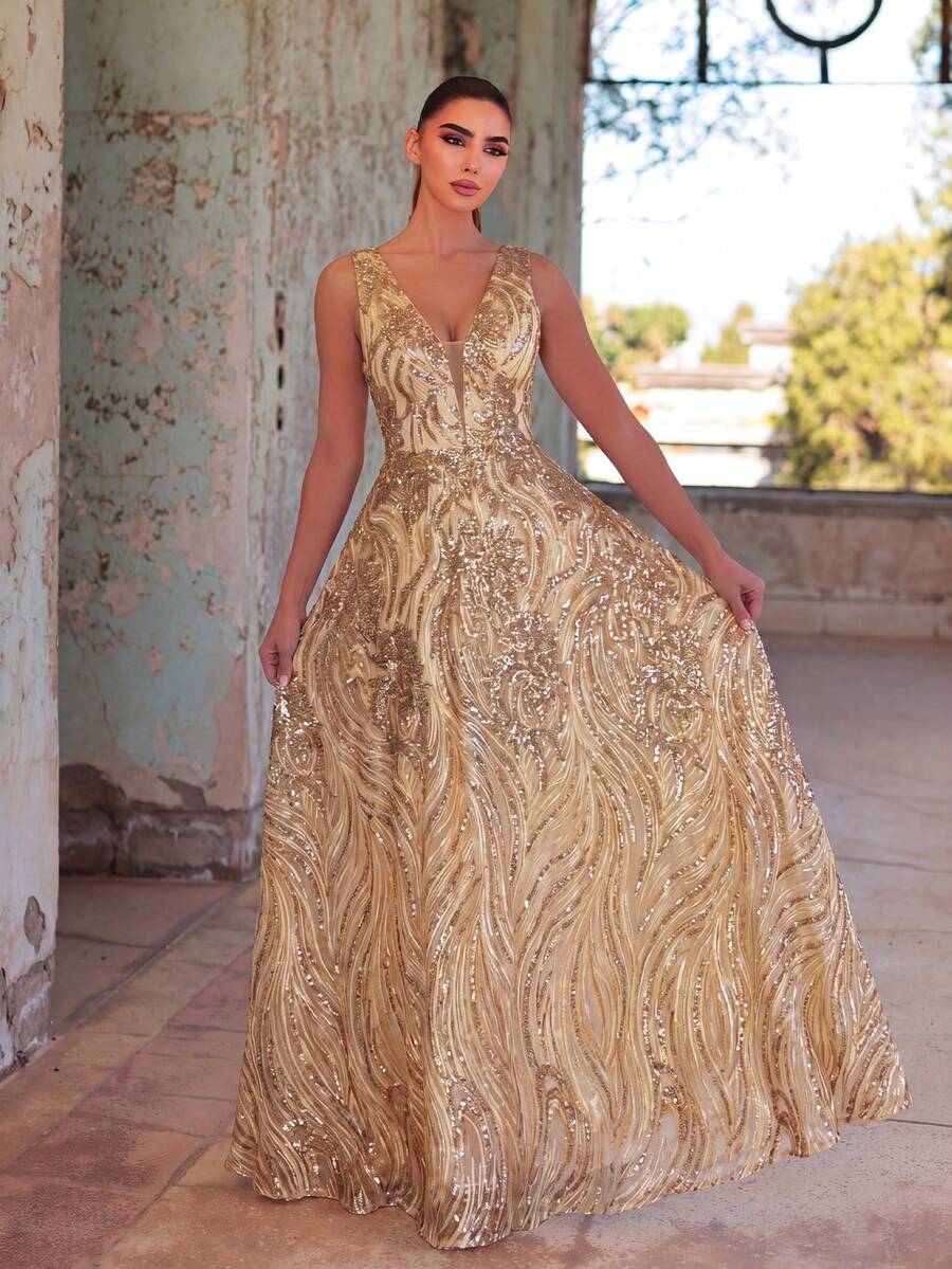Faeriesty Sleeveless Deep V-Neck Sequined Maxi Gown. Sparkly Pattern For Spring Weddings, Garden Parties, Galas & Formal Events. Elegant Party Fall