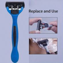 Men's Manual Smooth Razor, Equipped With 3-Layer Stainless Steel Replacement Blades, Designed Specifically For Beard Trimming, Including Razor Handle. - Blue - View 7