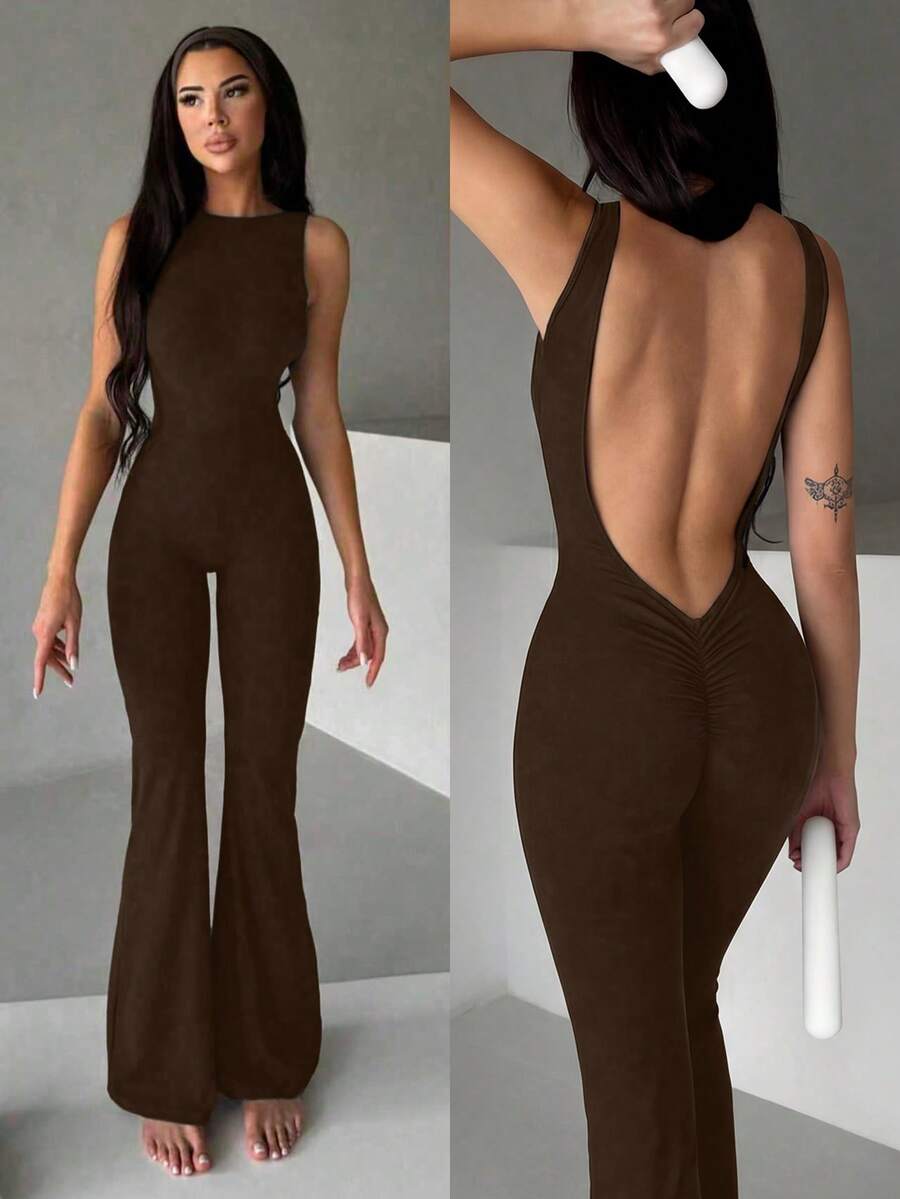 Sexy & Fashionable Versatile Round Neck Sleeveless Backless Peach Hip Ruched Design Tight Jumpsuit, Suitable For Spring/Summer Sports & Yoga Elegant - Brown - View 1