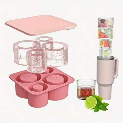 Silicone Tray For Cup 40oz 30oz, 4-Cavity Hollow Cylinder Ice Mold With Lid, Easy Release Slow Melting Ice Maker For Tumbler