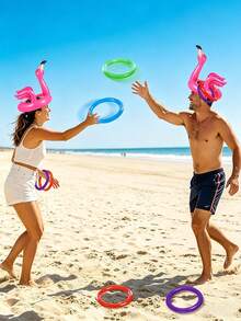 4/2/1 Set Inflatable Flamingo Pool Toss Game Rings, Flamingo Hawaiian Theme Party Decor, Hawaiian Beach Pool Game Supplies, Carnival Outdoor Hawaiian Theme Party Games For Adults And Families, Family Activity Holiday, Pool Party Supplies, Hawaiian Theme Party Supplies - Multicolor - View 4