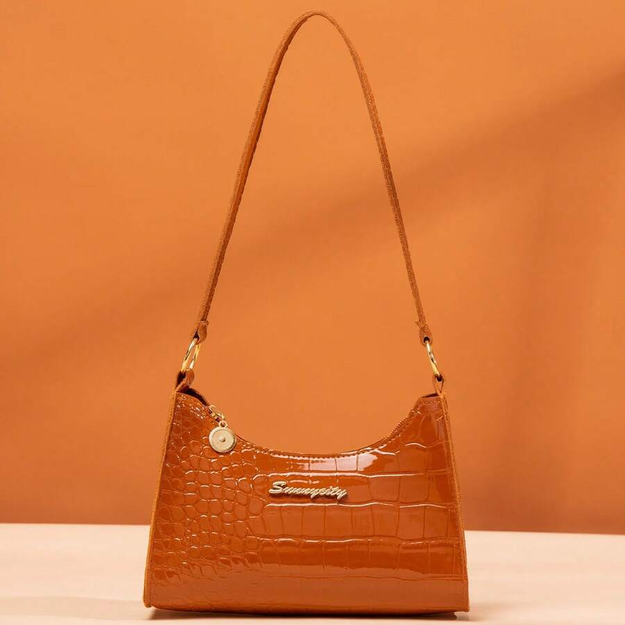 Bolso de hombro de mujer con estampado de cocodrilo de moda para uso diario - Marrón - Ver 1