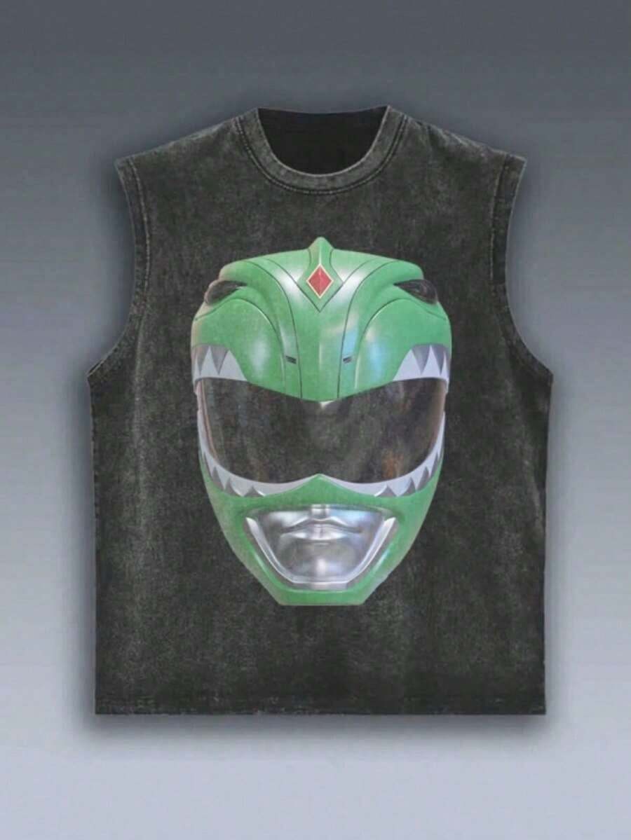 Men's Sleeveless T-Shirt-Heavy Washed Cotton, Power Rangers Printing-Loose Street Style, Gym Washed Vest, Sports T-Shirt, Men's Sports Gifts, Gym Sports Equipment Fans, Street Feng Shui Washed T-Shirt, Retro Hip-Hop T-Shirt. - 黑色 - 查看 1