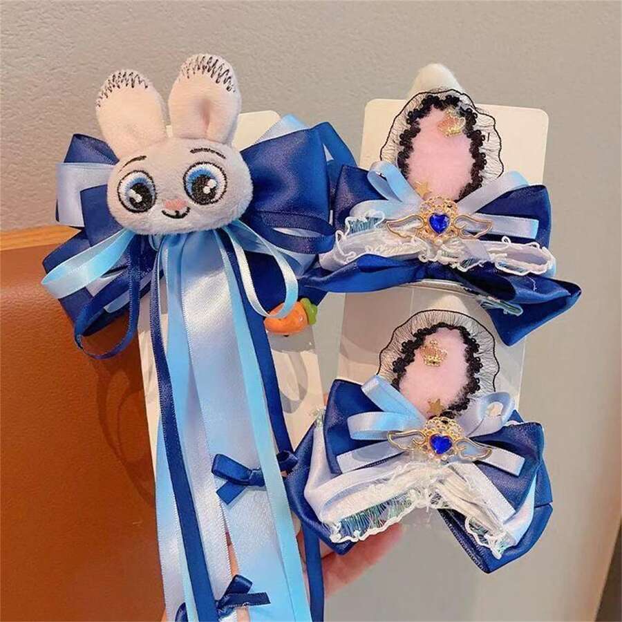 1 pieza Clip de pelo con cinta de conejo, clip de pelo con orejas de conejo de satén azul y peluche, adecuado para cabello grueso o fino, con cinta decorativa larga, adecuado para fiesta con tema de Pascua y primavera, cosplay, uso diario, regalo ideal para el Día de la Madre, cumpleaños, aniversario, festivales, viajes - Multicolor - Ver 1