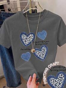 Amiam Bmian New Short-Sleeved Crew Neck T-Shirt For Women, Spring/Summer Design, Perfectly Combining Modern Lettering And A Heart Print, Breathable And Sweat-Wicking. Direct Shipping From Our Local Warehouse, Couples' Style, Ideal For Wearing Together. - 深灰色 - 查看 1