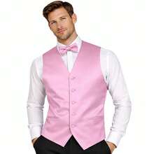 Sizes XS To 6XL Men's 3-Piece Tuxedo Vest Set – Satin Waistcoat With Bow Tie And Pocket Square For Wedding, Prom, Formal Events - 粉色 - 查看 1
