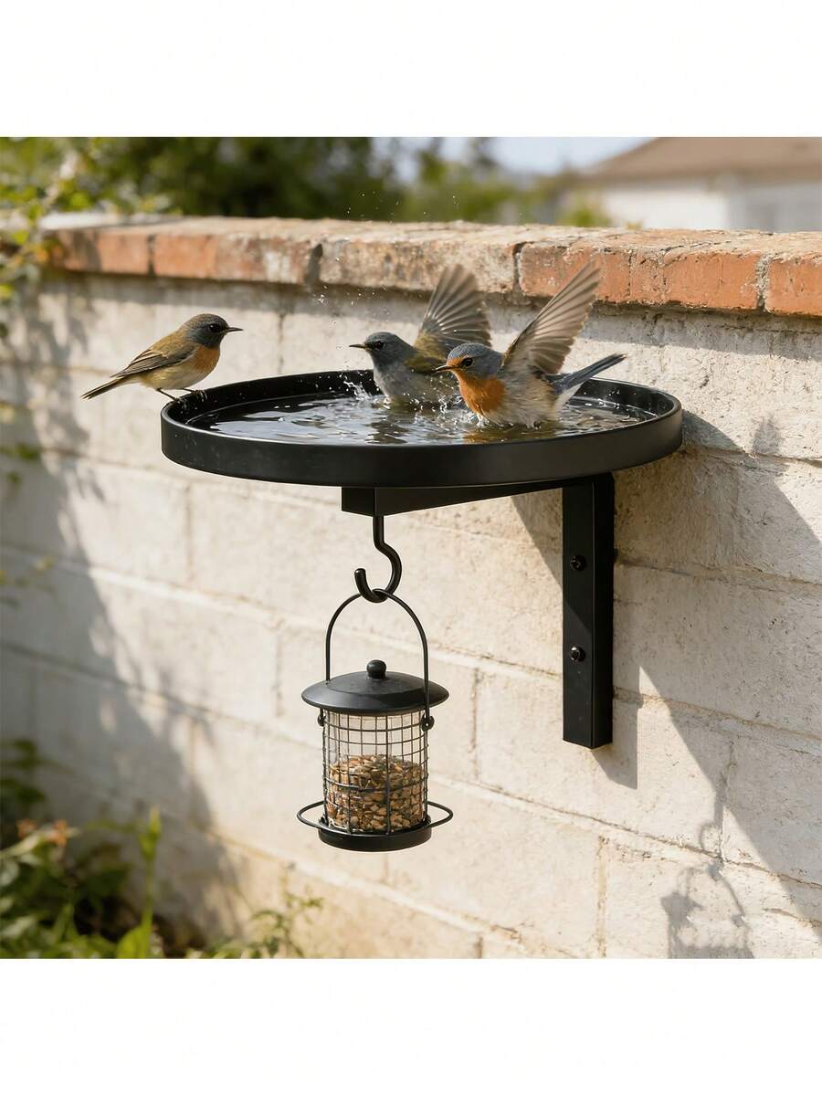 壁掛式金屬鳥浴盆附餵食掛鉤，耐用金屬鳥浴盆碗，室內外通用植物收納架，適合戶外環境，易於安裝，適用於花園，適合野鳥使用