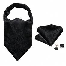 Bộ 4 món sang trọng dành cho nam giới: khăn cài túi áo Ascot họa tiết Paisley Jacquard màu đen, khuy măng sét và vòng vàng, thích hợp cho tiệc cưới, tiệc chiêu đãi, dạ hội. - màu đen - Xem 4