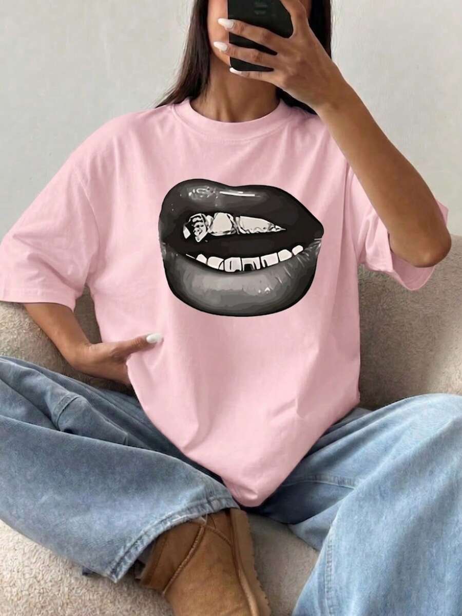 Women's Lip Print Loose Comfortable Short Sleeve T-Shirt, Summer - Pink - View 1