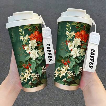 1个/5个装 17盎司复古花卉不锈钢保温咖啡杯，防漏旅行杯，带提手，优雅植物主题女士礼物