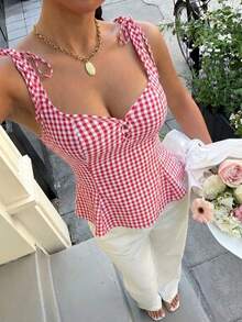 abyoxi Áo hai dây nữ kẻ caro đỏ trắng có nơ trang trí, dáng chữ A ôm eo, viền bèo nhún, phong cách retro ngọt ngào thường ngày, phù hợp cho hẹn hò, mặc hàng ngày, đi nghỉ mát, đi làm, áo vest co giãn ôm sát mùa xuân/hè. - Đỏ - Xem 3