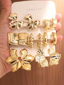 7/3/2 Pairs Fashion Earring Set, Exaggerated Left & Right Ear Flower, 5-Petal Flower, Bow Tie, Multiple Styles Earring Set, Suitable For Daily & Festival Wear, Made Of ABS Resin With UV Plated Non-Fading Gold - Gold - View 2