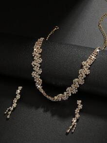 Bộ 3 món, Dây chuyền và bông tai mạ vàng sang trọng đính đá Cubic Zirconia, Bộ trang sức cô dâu lấp lánh pha lê dành cho nữ dự tiệc cưới, dạ hội, quà tặng trang sức nổi bật. - Vàng - Xem 2
