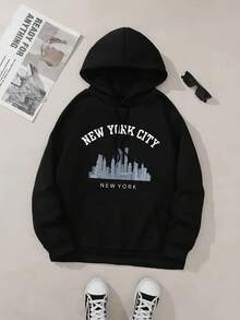 Wo Hooded Sweatshirt, Letter Print, Soft Mixed Fabric Hooded Sweatshirt, With Adjustable Drawstring Hood And Front Pocket, Machine Washable Wo Wear, Suitable For Casual Daily Wear, Autumn And Winter Clothing, Comfortable And Fashiona, Casual - 黑色 - 查看 1