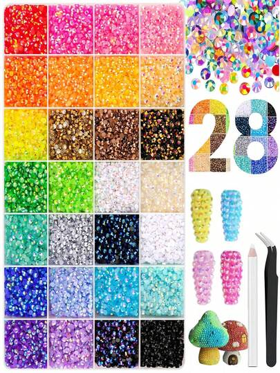 16500Pcs Summer Resin Rhinestones Flatback Gem Jelly Resin Rhinestone Set - 3mm Multi-Color Non-Hotfix DIY Craft Material For Clothing, Shoes, Water Cups, Nail Art, Bedazzling Kit Fabric Decoration (28 Colors) Nail Art Accessories