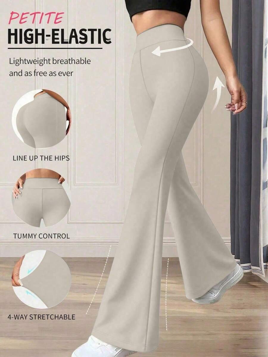 Pantalones acampanados de cintura alta de unicolor casual y deportivo para mujer de talla pequeña, primavera - Gris - Ver 1