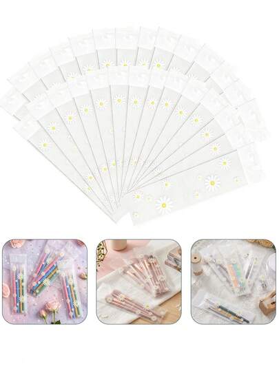 105pcs Small Daisy Self-Adhesive Bags, Rectangular Daisy Separation Self-Adhesive OPP Plastic Packaging Bags, DIY Gift Bags, Birthday Gift Packaging, Suitable For Stationery, Jewelry, Handicrafts, Daily Necessities Storage And Daily Commodity Sealing