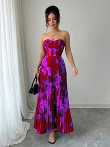 Bandeau Waist-Cinched Pleated Full Print Dress - Màu tím - Xem 5