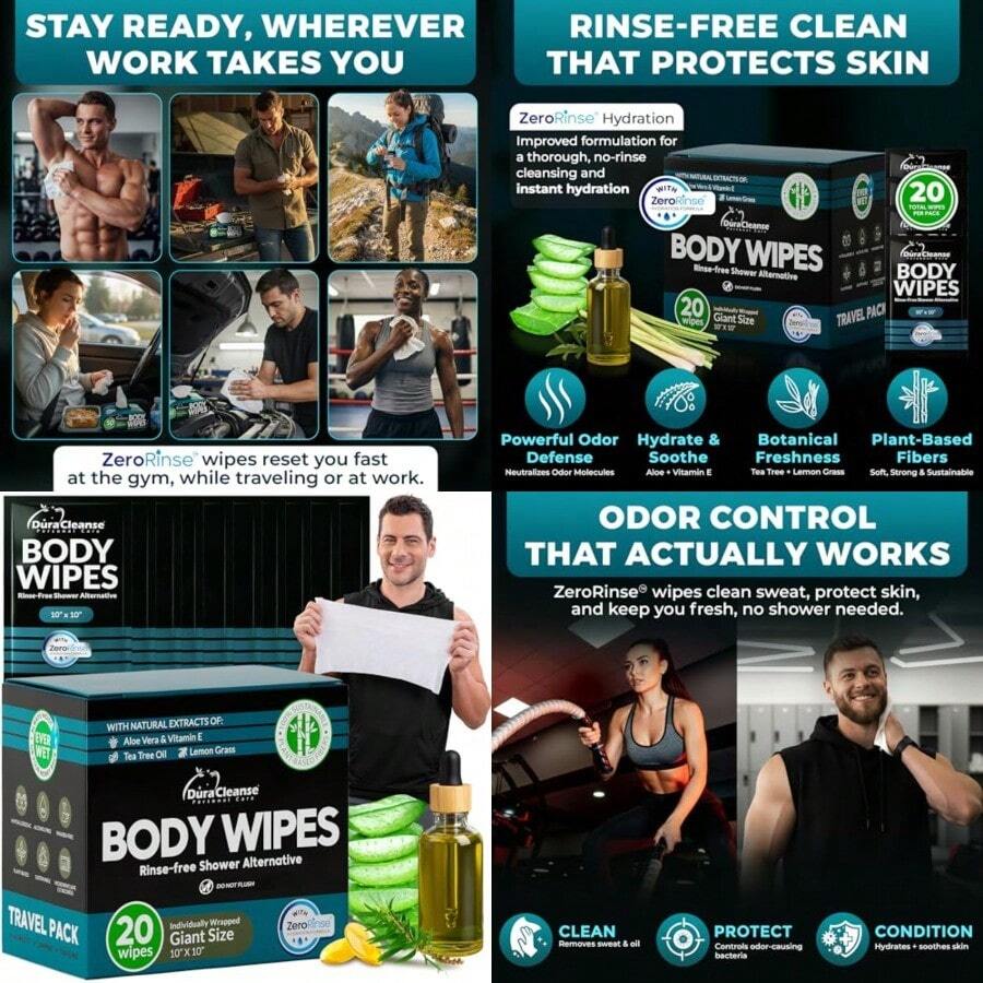 Travel Body Wipes For Men - 20 XL Shower Wipes For Adults Bathing No Rinse - Individually Wrapped 10"X10" Disposable Washcloths Face Towels Gym Mens Deodorant Sheets Camping Essentials And Must Haves - Tươi ngon tối đa - Xem 1