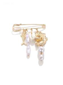 Broche de con diseño de verano, playa y océano, con adornos de pez dorado, concha marina y perla - Multicolor - Ver 3