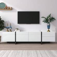 Meuble TV bas à pieds en blocs blancs et noirs brillants, avec portes et tiroirs, portes avec étagères. Design linéaire et épuré. - Blanc - Voir 1