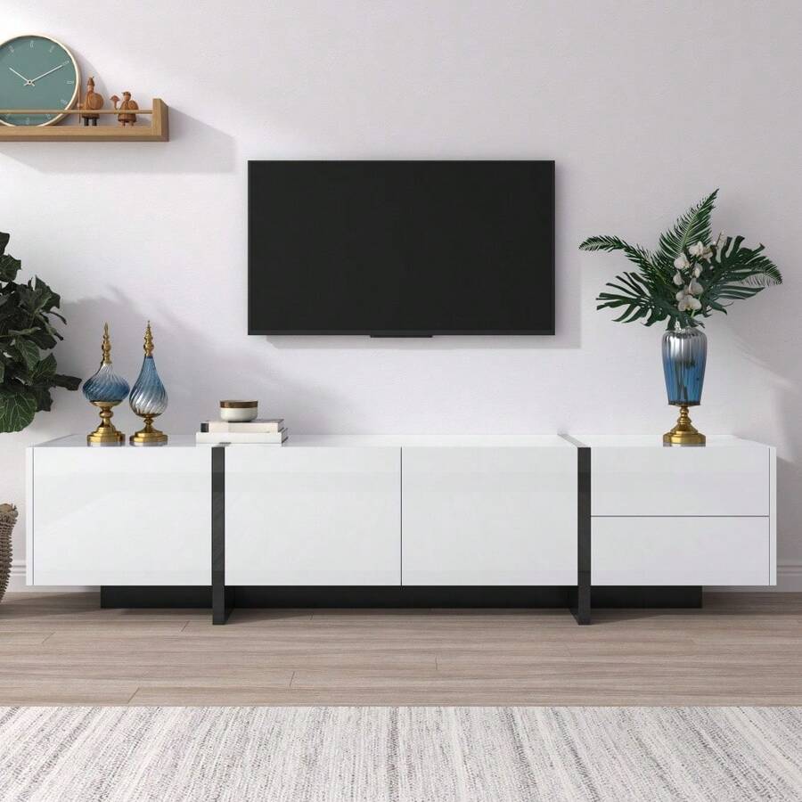 Meuble TV bas à pieds en blocs blancs et noirs brillants, avec portes et tiroirs, portes avec étagères. Design linéaire et épuré. - Blanc - Voir 1