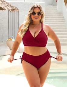 Women's High Waisted Bikini Sets, Crisscross Tie Back Drawstring Tummy Control Two Piece Swimsuits Bathing Suit - Dark Red - 查看 5
