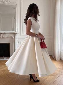 Elegantes, minimalistisches, modisches, lässiges, retroartiges, ausgestelltes, kurzärmeliges, einfarbiges, plissiertes, mit Reißverschluss versehenes Damen-Maxikleid, geeignet für Abendpartys, Urlaub, Schule, Büro, Strand, Sommer - Aprikosenfarben - Übersicht 3