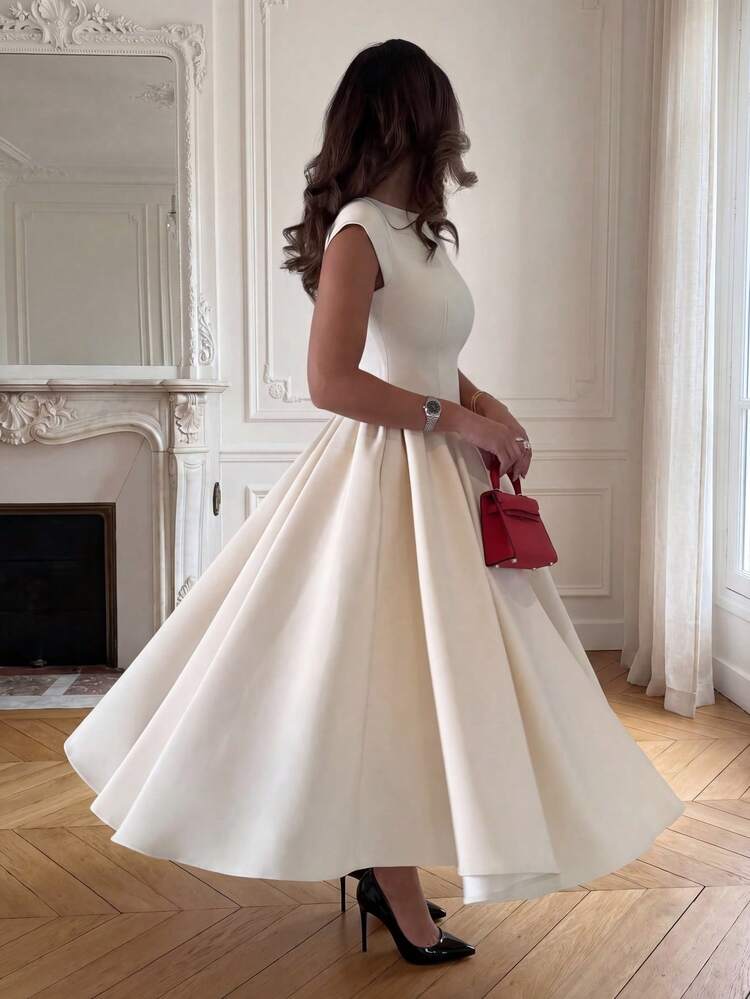 Elegant Minimalist Fashion Casual Retro Flared Short Sleeve Solid Color Pleated Zipper Women's Long Dress, Suitable For Evening Party, Holiday, School, Office, Beach, Summer - Apricot - View 3