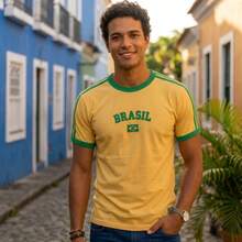 Men's Retro Brazil T-Shirt With Embroidered Design, Combed Cotton. - 黃色 - 查看 2