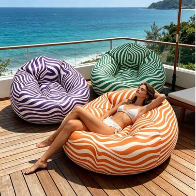1pc Portable Inflatable Outdoor Leisure Chair. Soft And Comfortable Ball-Shaped Slouchy Sofa Chair | Breathable PVC, Simple Solid Color Striped Design, Ergonomic Design, Modern Seat, Lightweight Structure, Compact Seat, Foldable Inflatable Outdoor Leisure Recliner Sofa, Suitable For Living Room, Balcony, Camping, Picnic, Outdoor Seat, Camping Chair, Ball-Shaped Design, Compact Furniture, Easy To Carry Foldable Sofa, Traveler, Camper, Holiday Gift, Soft And Fluffy Slouchy Sofa, Inflation Pump Needs To Be Purchased Separately, No Combo Of Pump And Sofa Provided