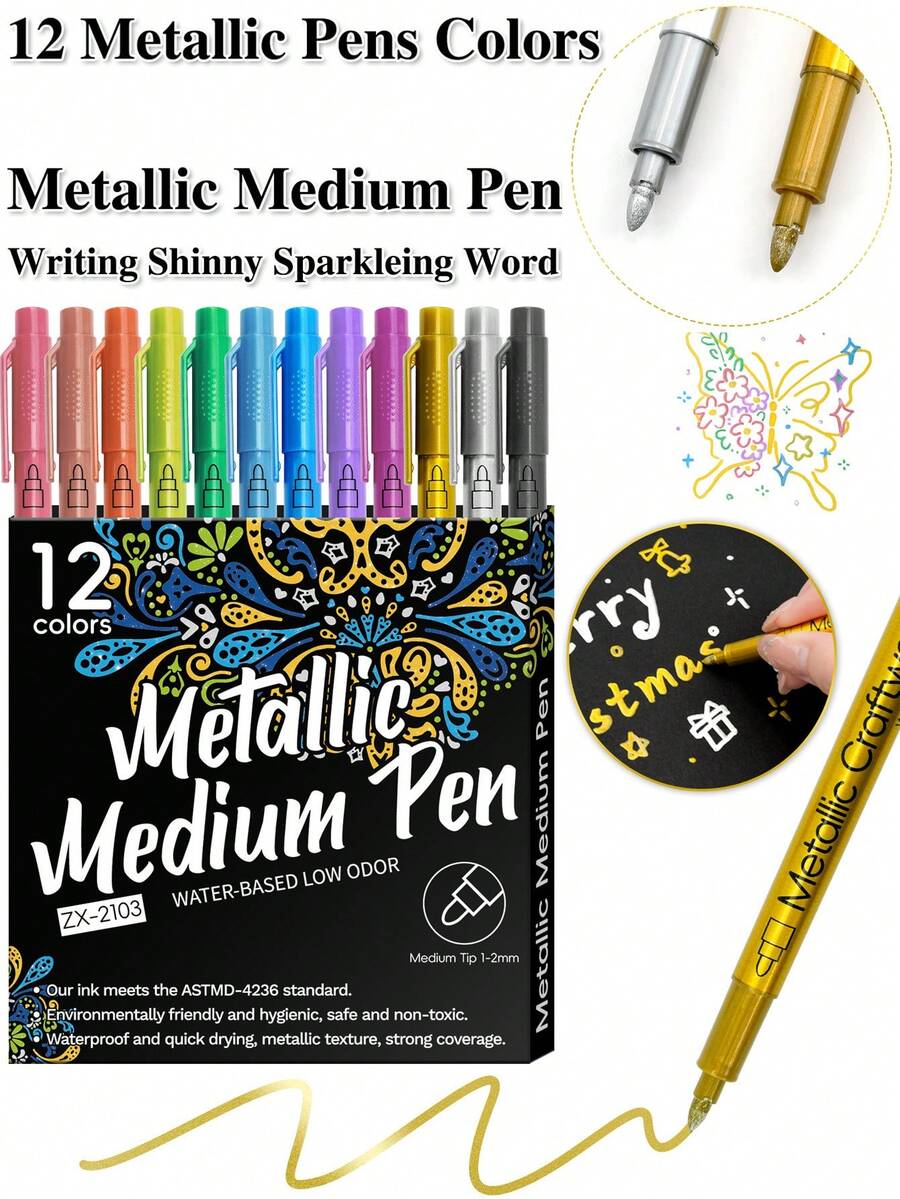 12/24 pezzi Pennarelli acrilici metallici per punte, penne metalliche per firme, adatte per ceramica, vetro, plastica, essenziali per scuola e ufficio, ideali per il pesce d'aprile, regali di Pasqua, forniture scolastiche, ritorno a scuola - Marcatori metallici - Visualizzare 1