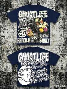 Men's Y2K Tee -American Street & "GHOSTLIFE" Hip-Hop Figureg Raphic T Shirt, Loose Retro Fit,Suitable For Young Men And Women To Wear For Casual - 藏青色 - 查看 3