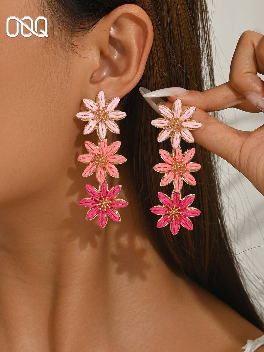 OOQ 1 Pair Handmade Woven Raffia Flower Earrings, Bohemian Summer Style, Minimalist Elegant Floral Tassel Earrings, Suitable For Women's Daily, Vacation, Party Wear - Hot Pink - View 1