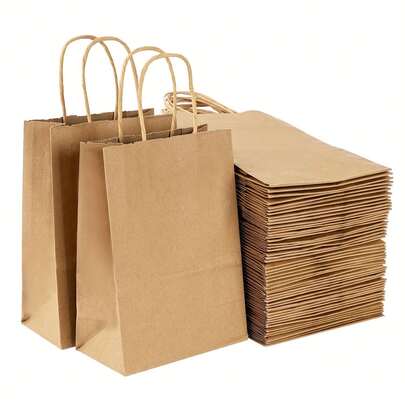 25个天然牛皮纸礼品袋，可重复使用手提袋，适用于包装、派对礼品、咖啡、烘焙食品、外卖，也适用于奶茶、咖啡外卖包装及各种礼品。