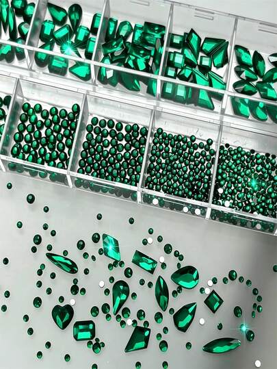 12 cajas de elegantes cristales verdes para decoración de uñas, juego de cristales de diferentes formas y tamaños, incluyendo cristales redondos verdes, para manualidades y decoración de uñas