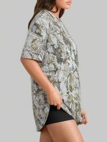 SUPEKYKO Plus Size Women Summer Street Y2K Tree Branch Print Short Sleeve T-Shirt, Camouflage Top Sports - Green - View 5