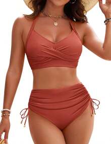 Women's High Waisted Bikini Sets, Crisscross Tie Back Drawstring Tummy Control Two Piece Swimsuits Bathing Suit - Brick Red - 查看 1