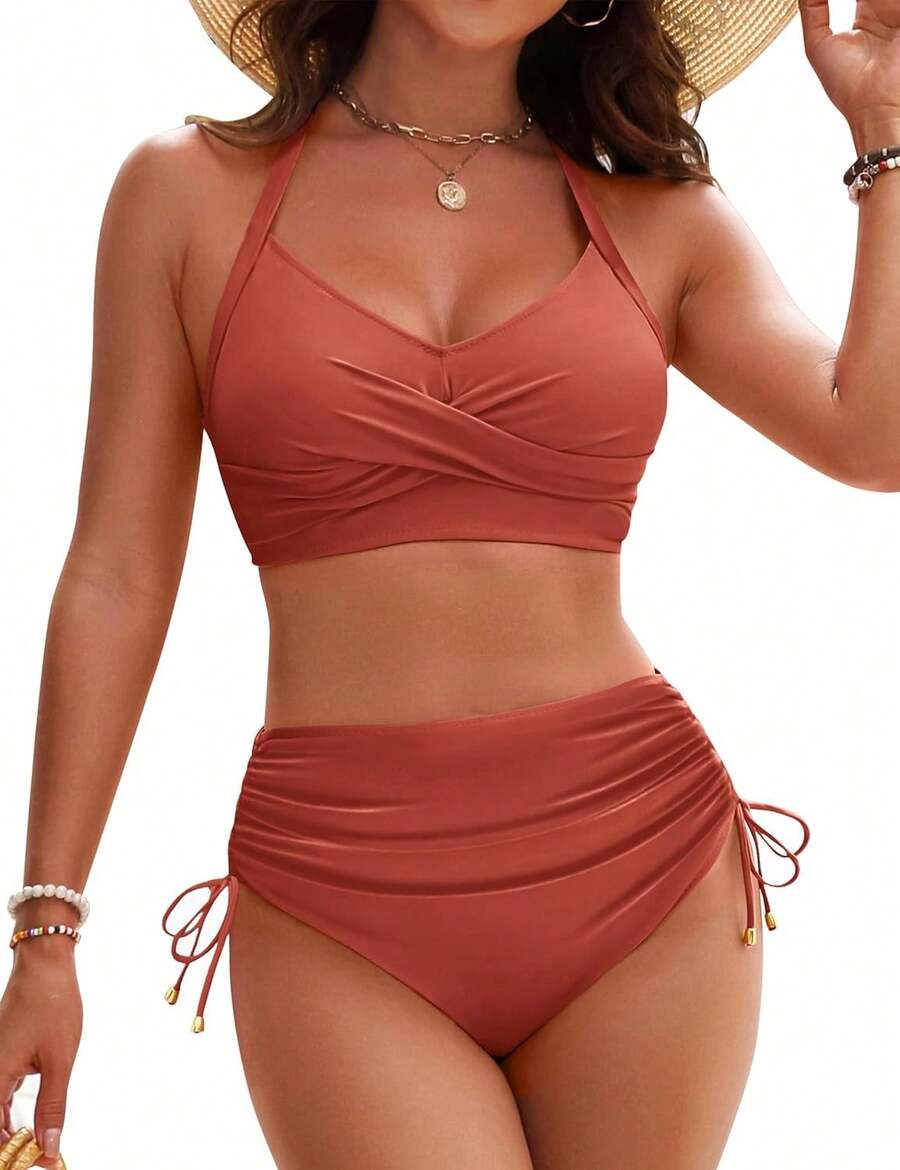 Women's High Waisted Bikini Sets, Crisscross Tie Back Drawstring Tummy Control Two Piece Swimsuits Bathing Suit - Brick Red - 查看 1