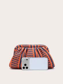 Women's Black & Colorful Striped Ruched Cloud Clutch Bag, Retro Style, Large Capacity, Fashion, Suitable For Outings And Parties - Multicolor - View 3