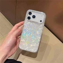 Rhinestone Inlaid Camera Frame, Iridescent Heart-Shaped White Shell Texture Phone Case - White - View 3
