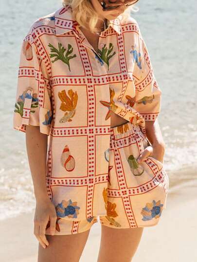 Women's Summer Vacation Casual Chic Lapel Off-Shoulder Loose Shirt And Shorts Set