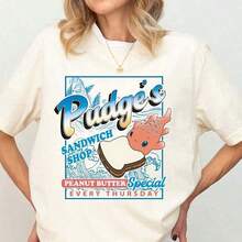Pudge's Sandwich Shop T-Shirt, Lilo & Stitch Pudge The Fish Print, 220g Cotton Women's Round Neck Short Sleeve Tee, Vintage Retro Loose Fit, Casual Summer Top For Daily, Travel & Street Wear - 白色 - 查看 7
